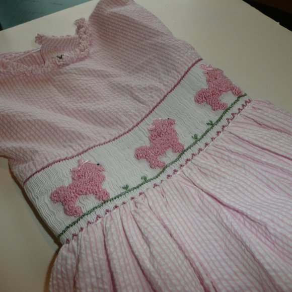 Vintage Smocked Pink Stripe Poodles Sheersucker Girl Size 7 Dress by Royal Child - Picture 7 of 10